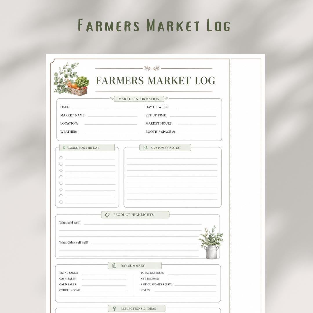 Farmers Market Log Printable, Sales Tracker, Farm Business Planner Insert