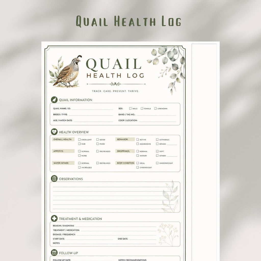 Quail Health Log, 2-Page Planner Insert, Printable PDF, A4 Size