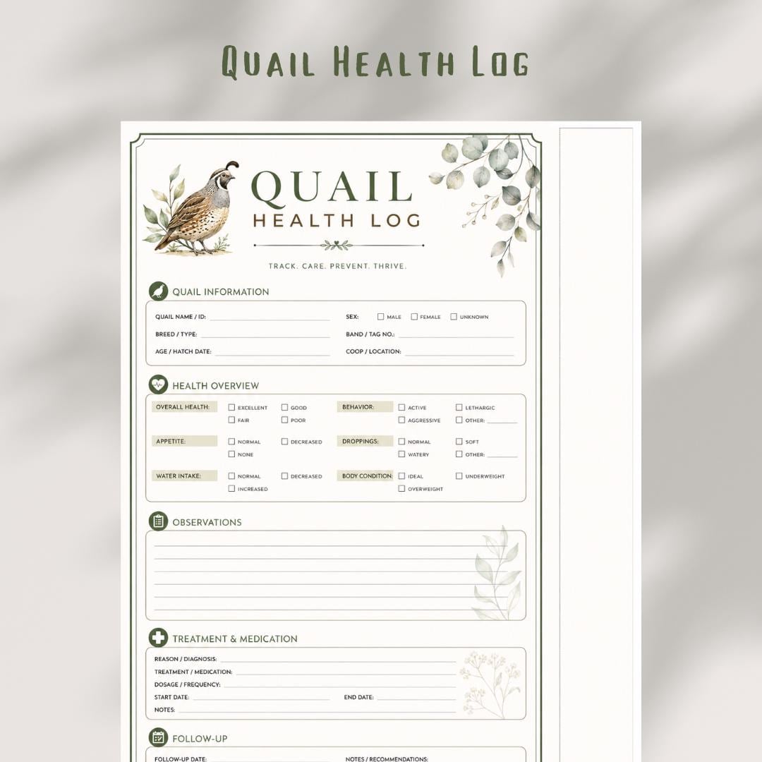 Quail Health Log, 2-Page Planner Insert, Printable PDF, A4 Size