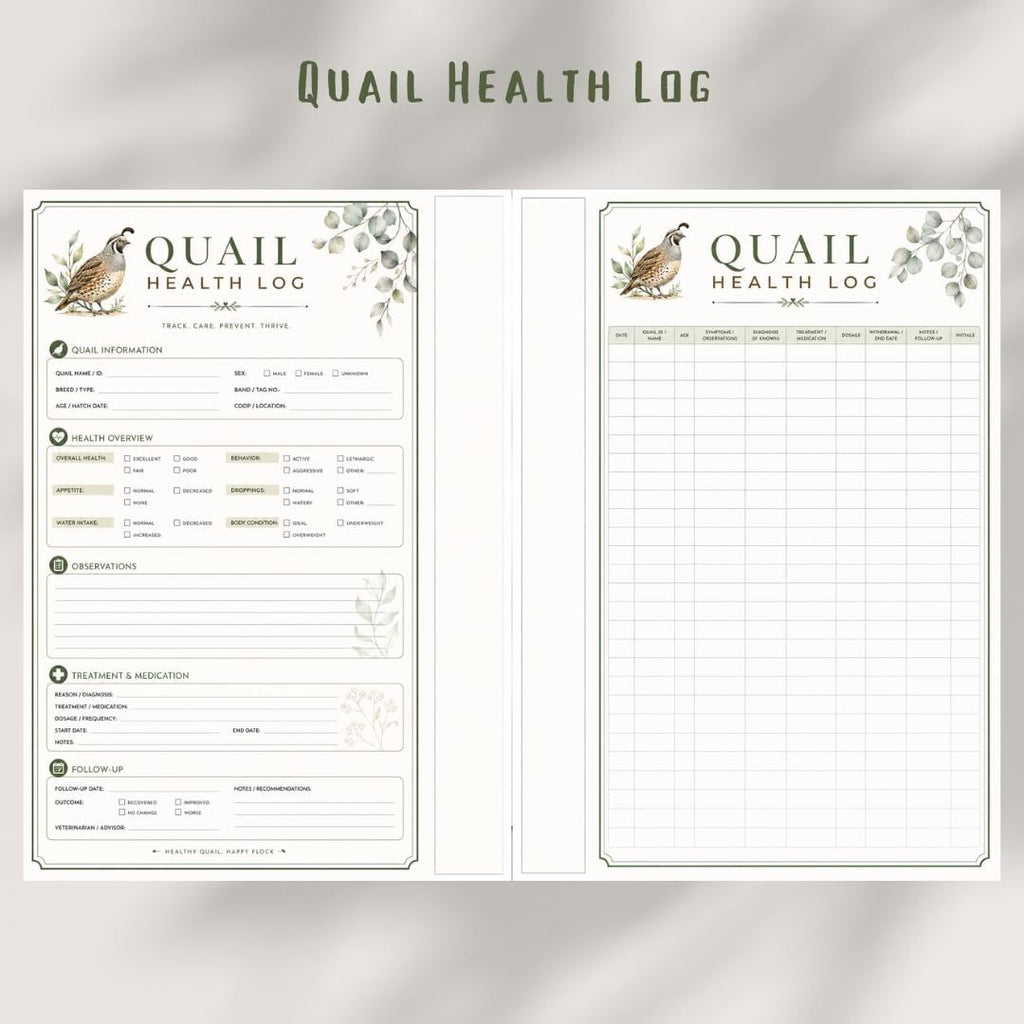 Quail Health Log, 2-Page Planner Insert, Printable PDF, A4 Size