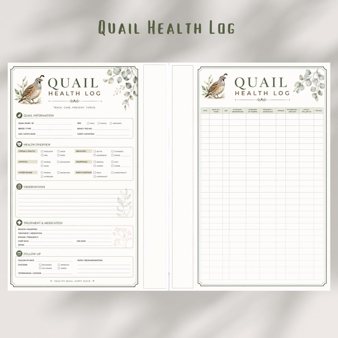 Quail Health Log, 2-Page Planner Insert, Printable PDF, A4 Size