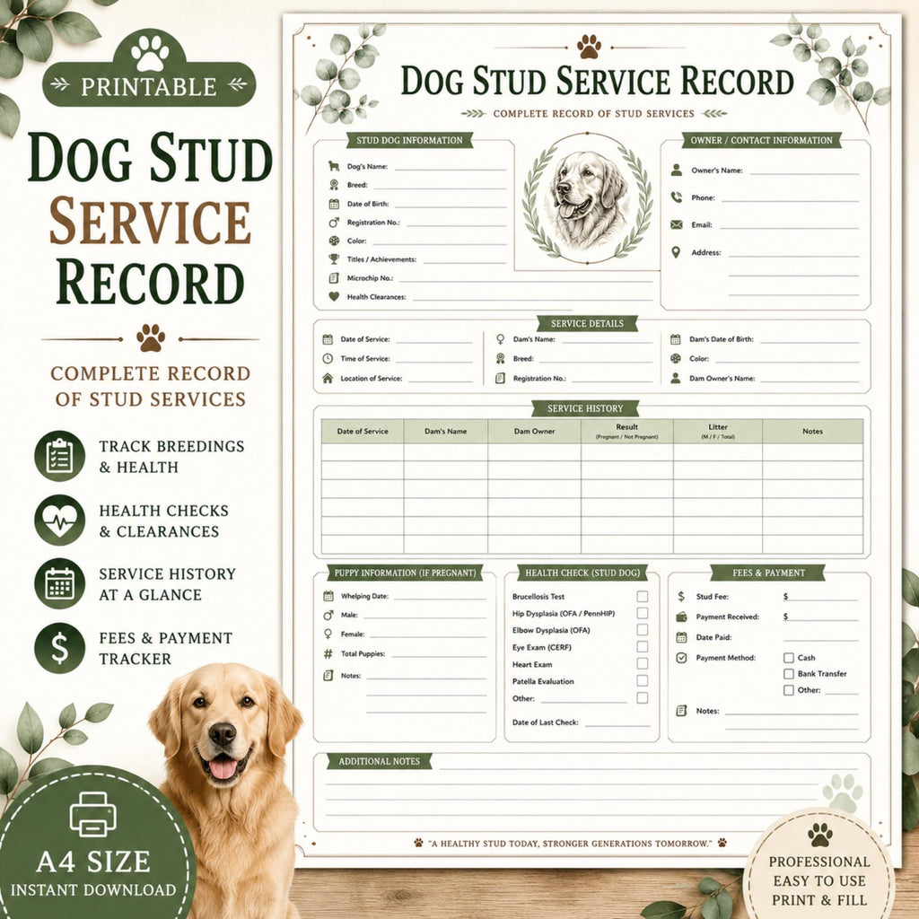 Dog Stud Service Record, Kennel Breeding Tracker, A4 PDF