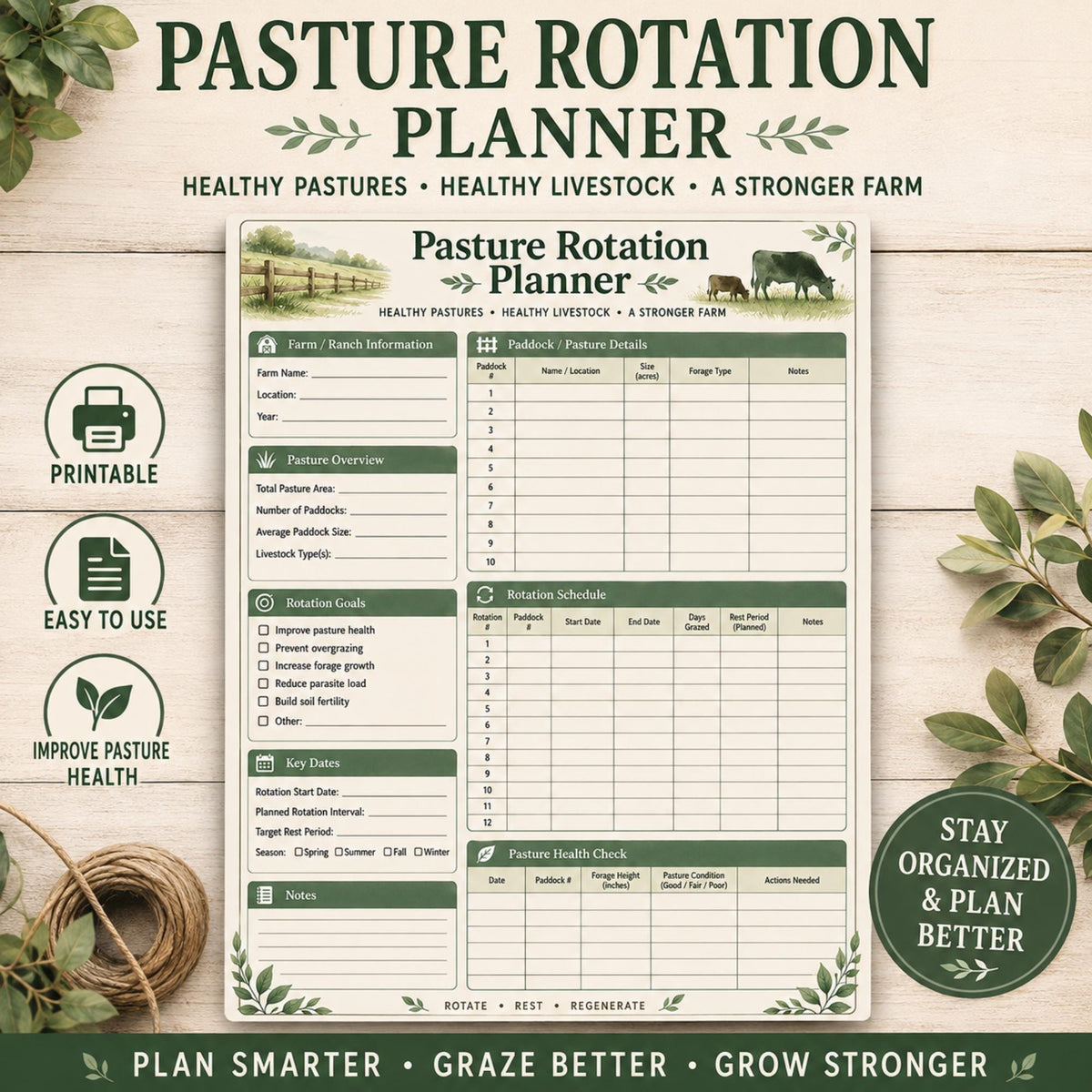 Pasture Rotation Planner Printable, Grazing Management Log, Farm Ranch Tracker