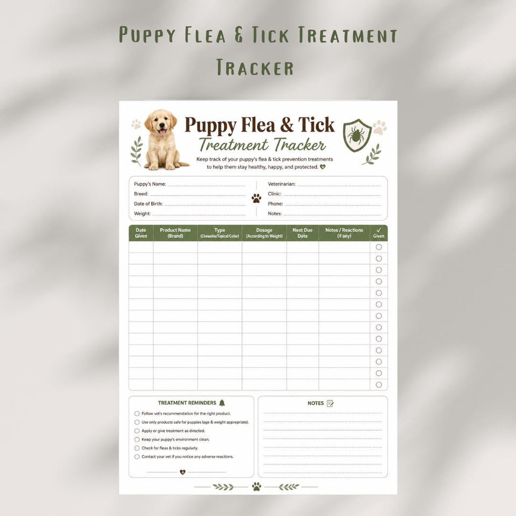 Puppy Flea Tick Treatment Tracker, Pet Health Log (Printable)