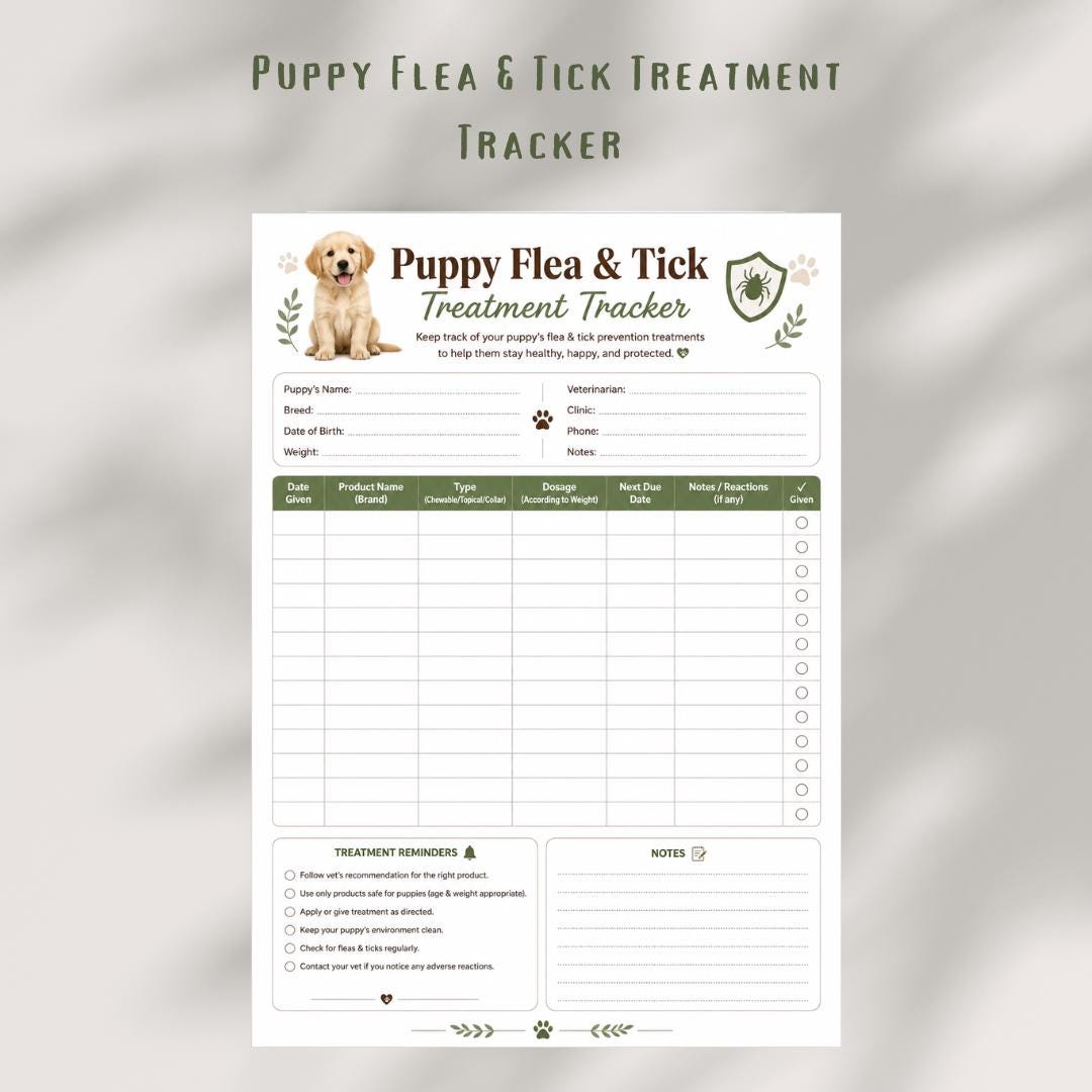Puppy Flea Tick Treatment Tracker, Pet Health Log (Printable)