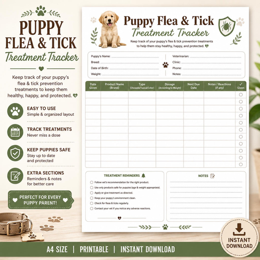 Puppy Flea Tick Treatment Tracker, Pet Health Log (Printable)