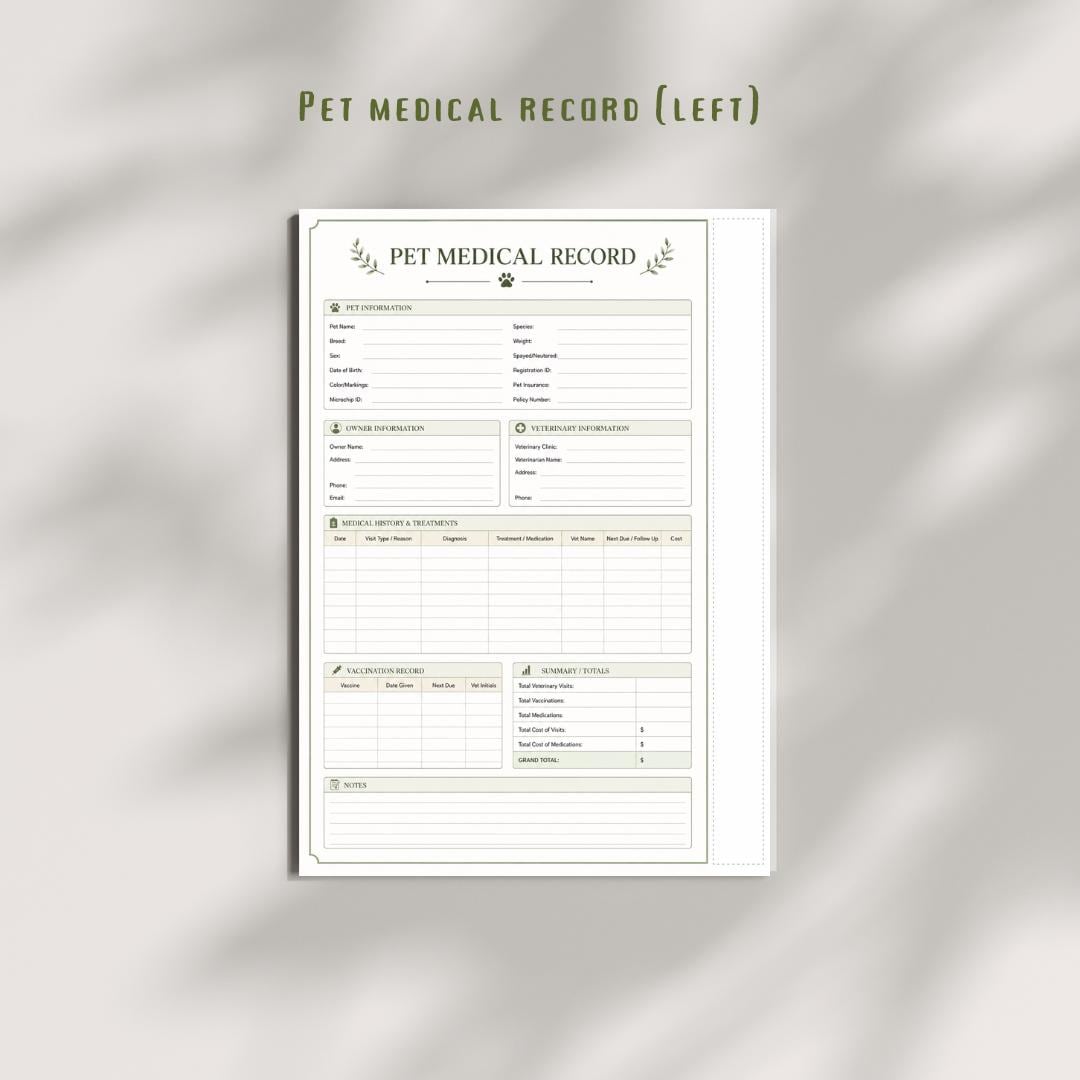 Pet Medical Record Printable Planner Inserts | Veterinary Log, Vaccination Tracker (A4 PDF)
