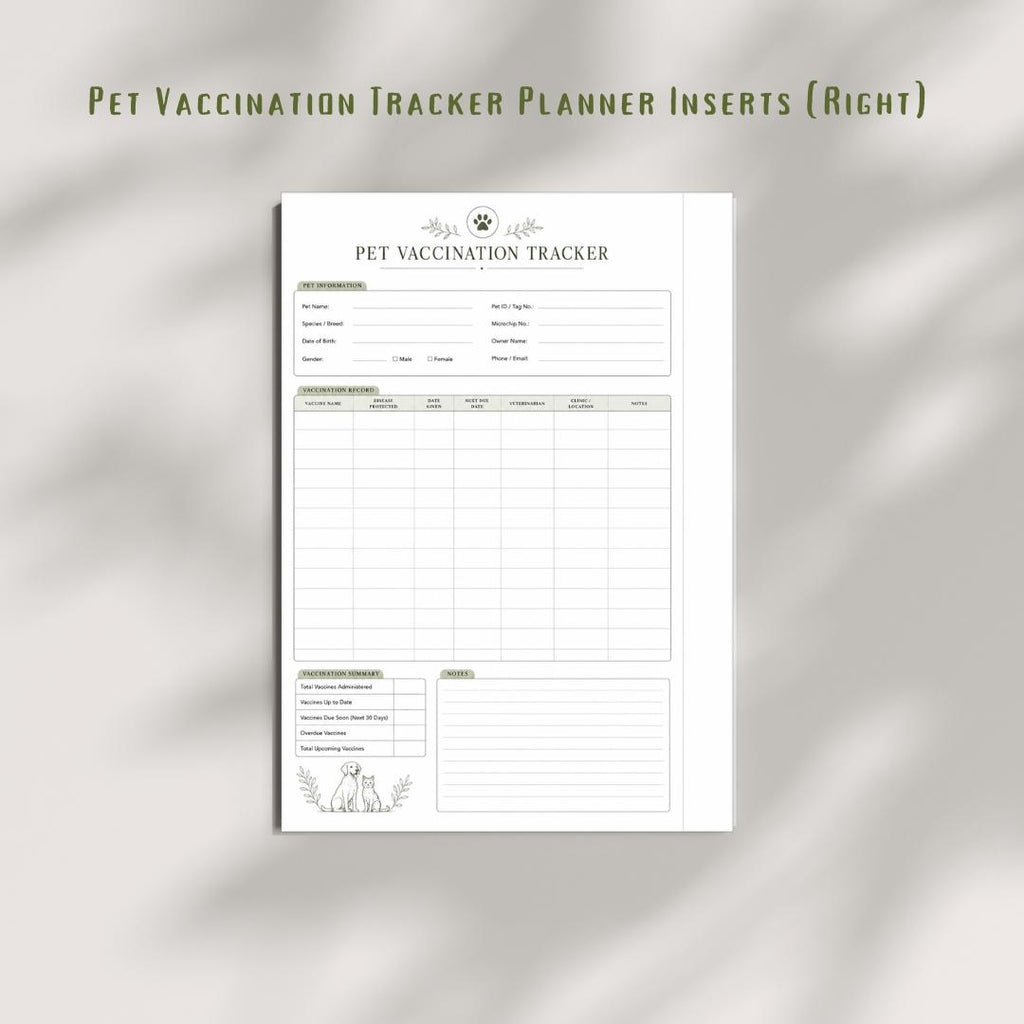 Pet Vaccination Tracker | Dog Cat Health Record Planner Insert (PDF)