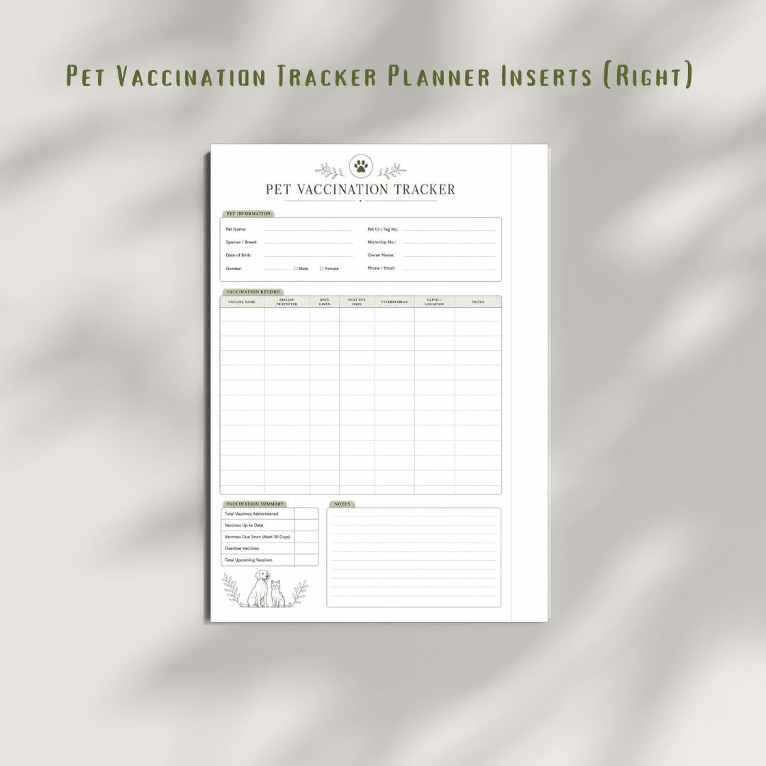 Pet Vaccination Tracker | Dog Cat Health Record Planner Insert (PDF)