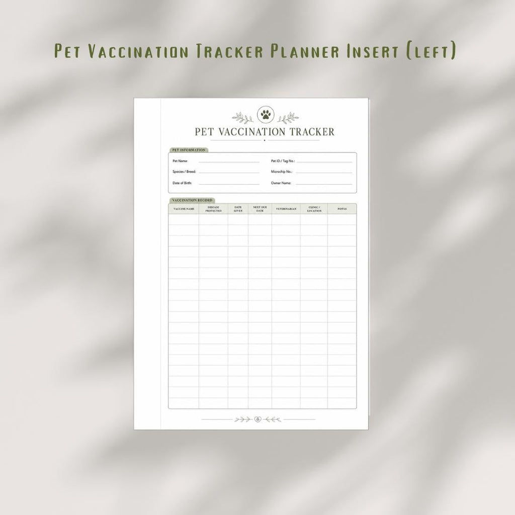 Pet Vaccination Tracker | Dog Cat Health Record Planner Insert (PDF)