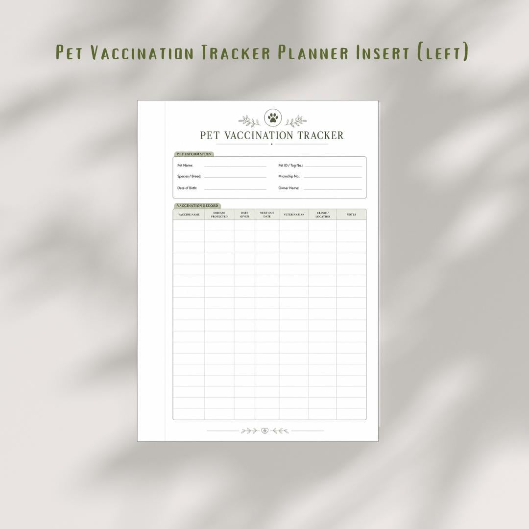 Pet Vaccination Tracker | Dog Cat Health Record Planner Insert (PDF)
