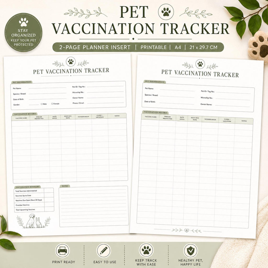 Pet Vaccination Tracker | Dog Cat Health Record Planner Insert (PDF)