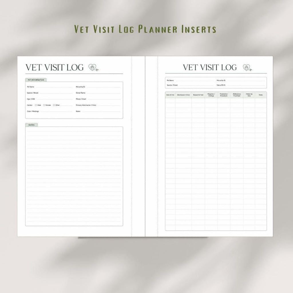 Pet Vet Visit Log Planner Inserts Printable | Medical Record & Information Sheet (A4 PDF)
