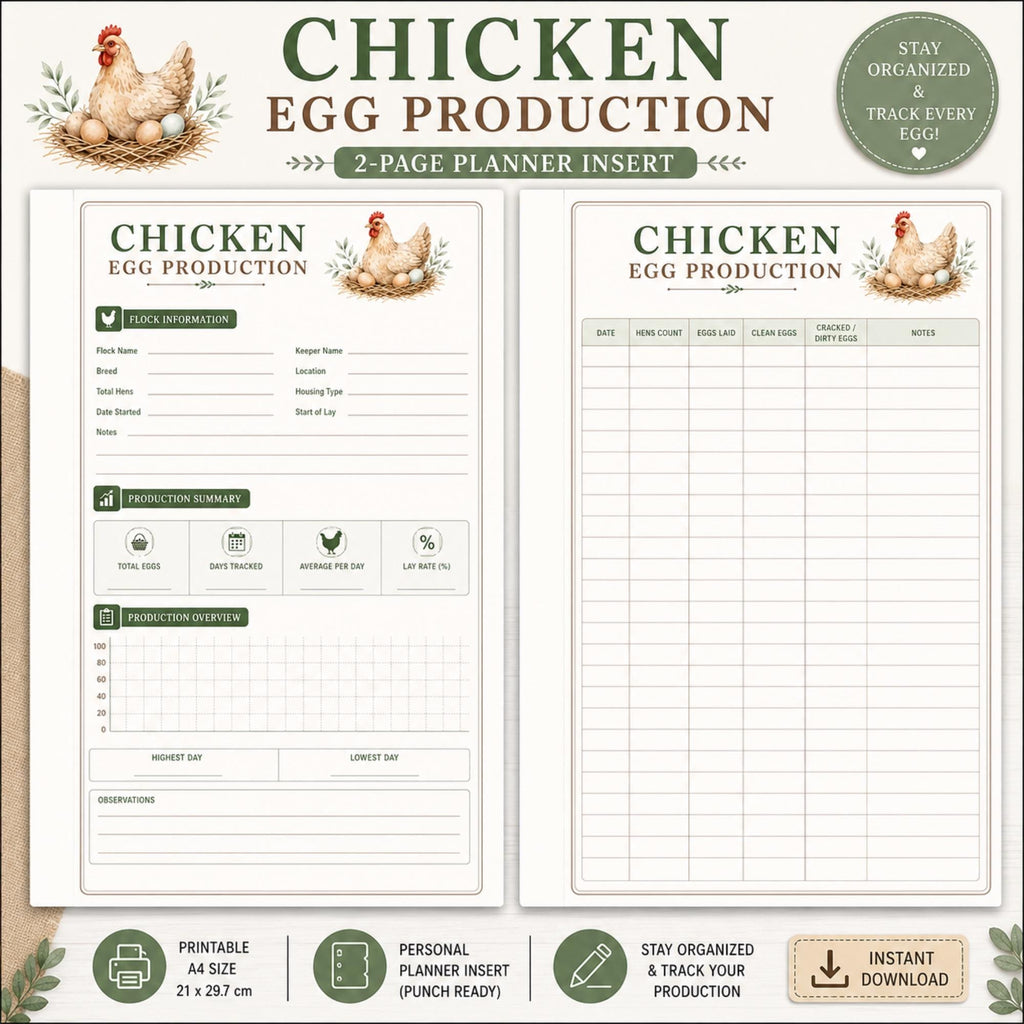 Chicken Egg Production Planner Inserts | Poultry Record Keeper, Flock Log (Digital Download)