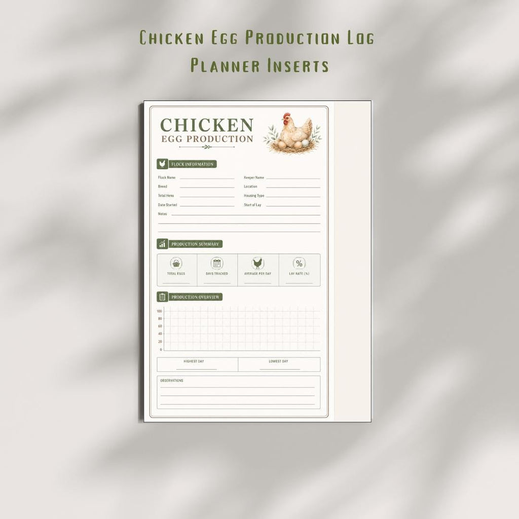 Chicken Egg Production Planner Inserts | Poultry Record Keeper, Flock Log (Digital Download)