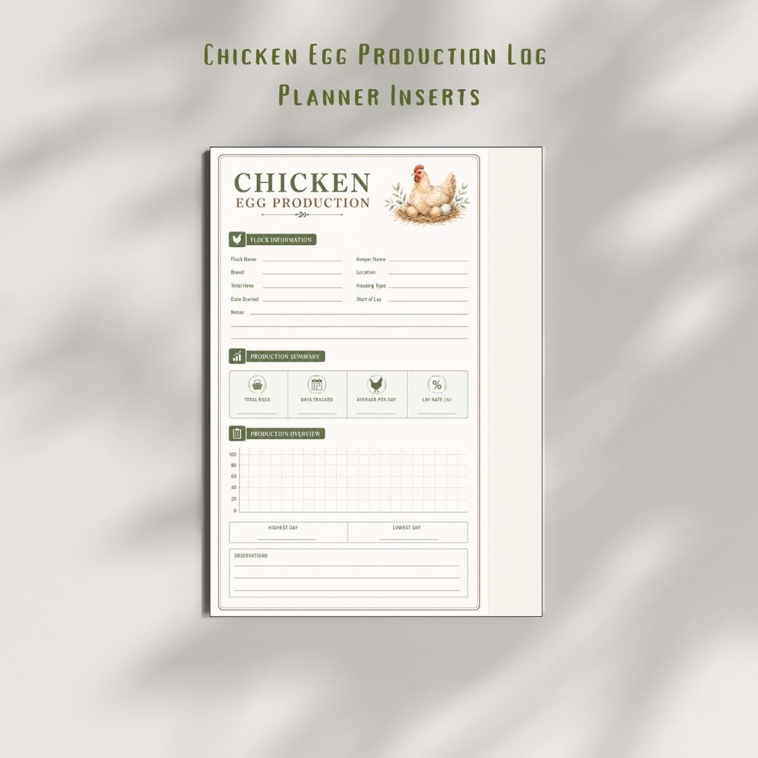 Chicken Egg Production Planner Inserts | Poultry Record Keeper, Flock Log (Digital Download)