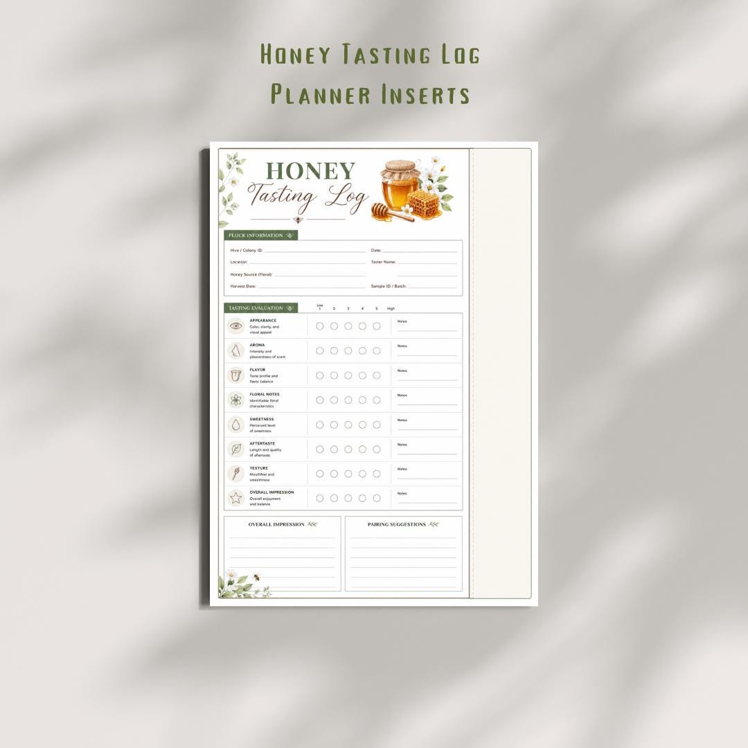 Honey Tasting Log | Beekeeping Planner Insert, Flavor Journal (A4 Digital Download)