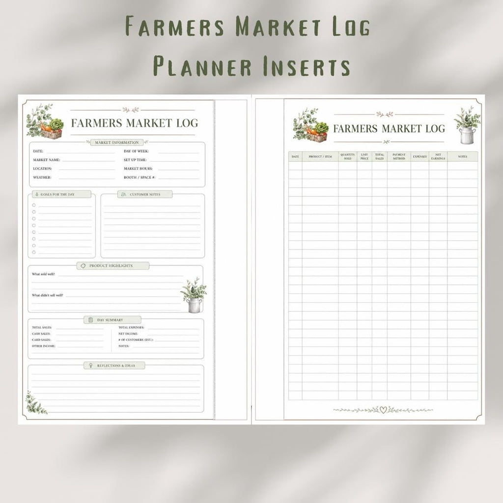 Farmers Market Log Printable, Sales Tracker, Farm Business Planner Insert