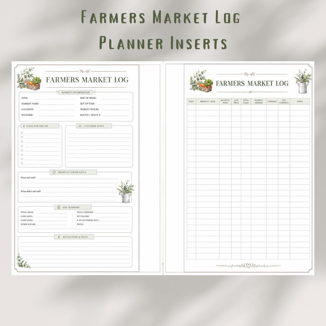 Farmers Market Log Printable, Sales Tracker, Farm Business Planner Insert