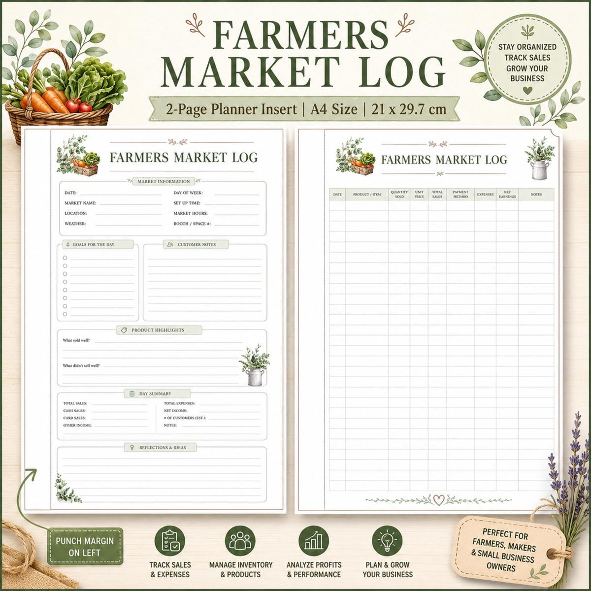 Farmers Market Log Printable, Sales Tracker, Farm Business Planner Insert