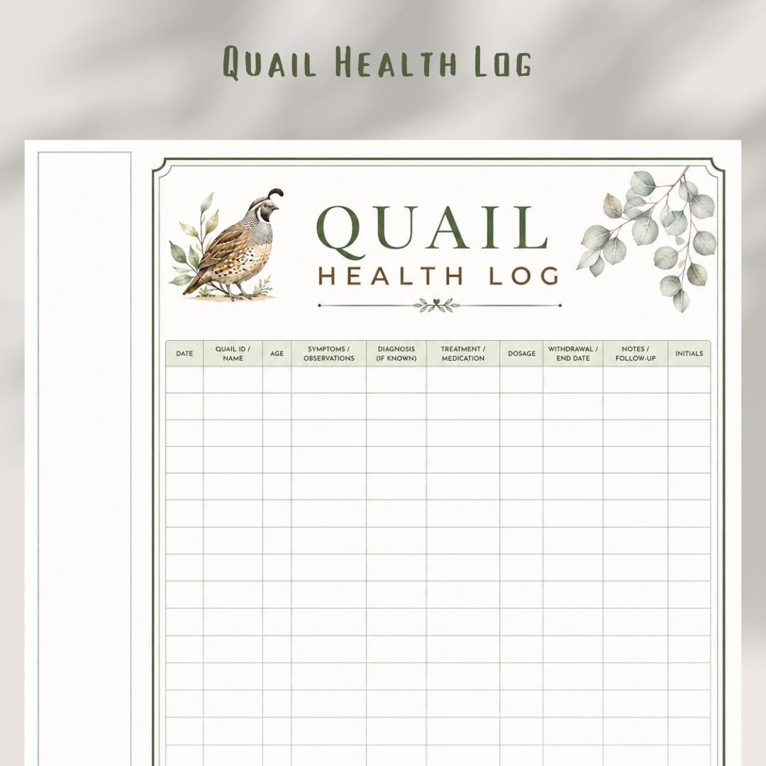 Quail Health Log, 2-Page Planner Insert, Printable PDF, A4 Size