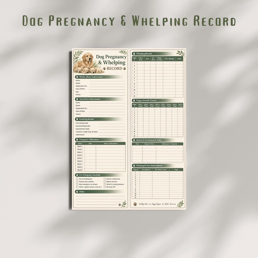 Dog Pregnancy Whelping Record, Breeder Puppy Log (Printable PDF)