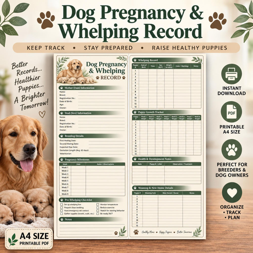 Dog Pregnancy Whelping Record, Breeder Puppy Log (Printable PDF)
