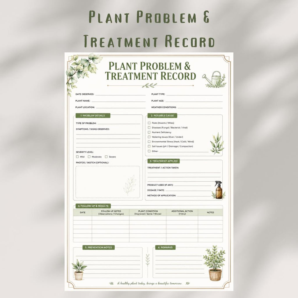 Plant Problem And Treatment Record | Garden Pest & Disease Log | Plant Care Printable
