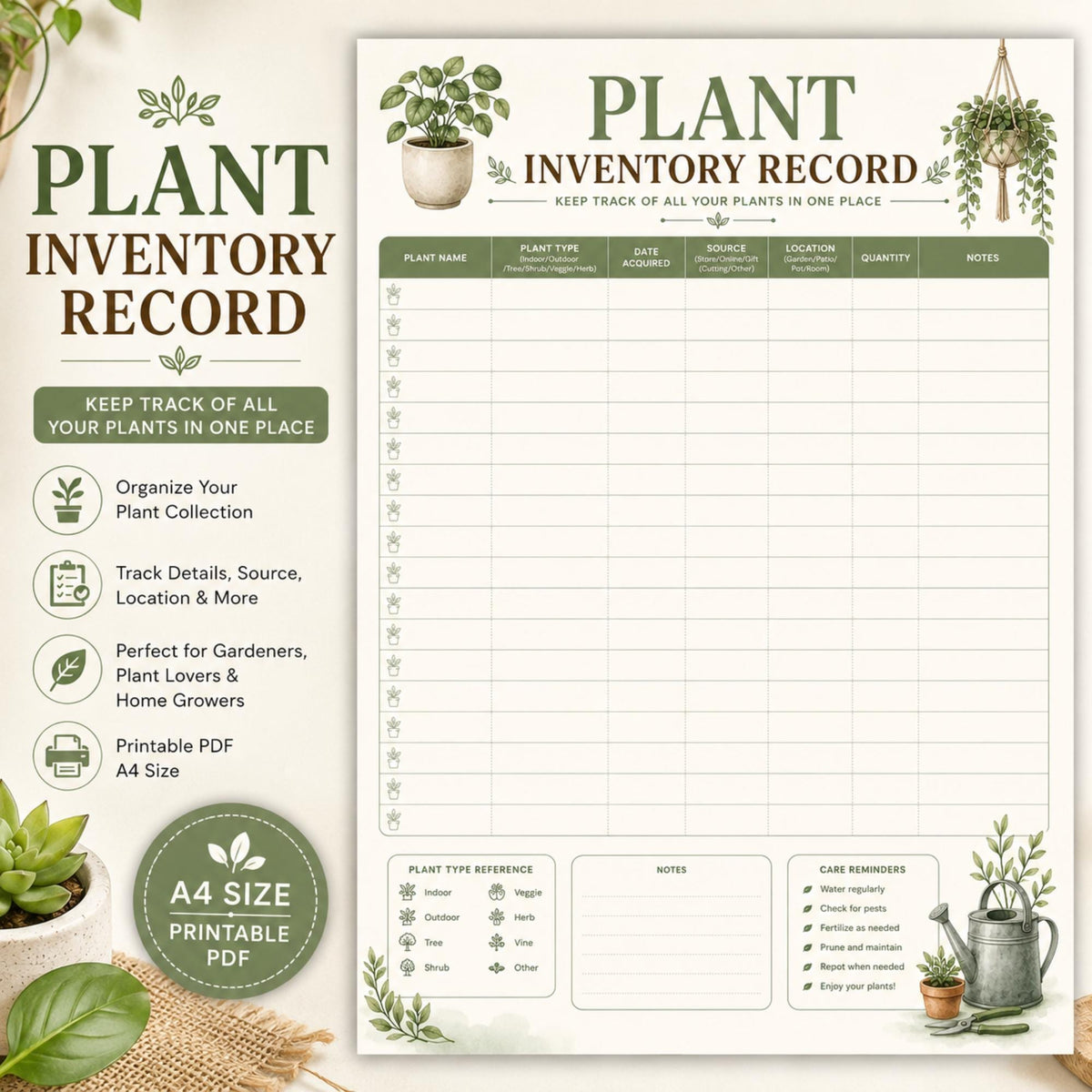 Plant Inventory Record Printable, Garden Plant Tracker, Gardening Planner (PDF)