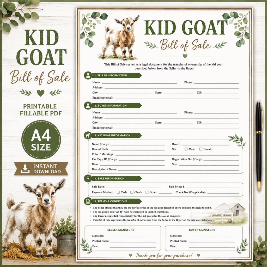 Kid Goat Bill of Sale Form Printable, Livestock Transfer Document (A4 PDF)