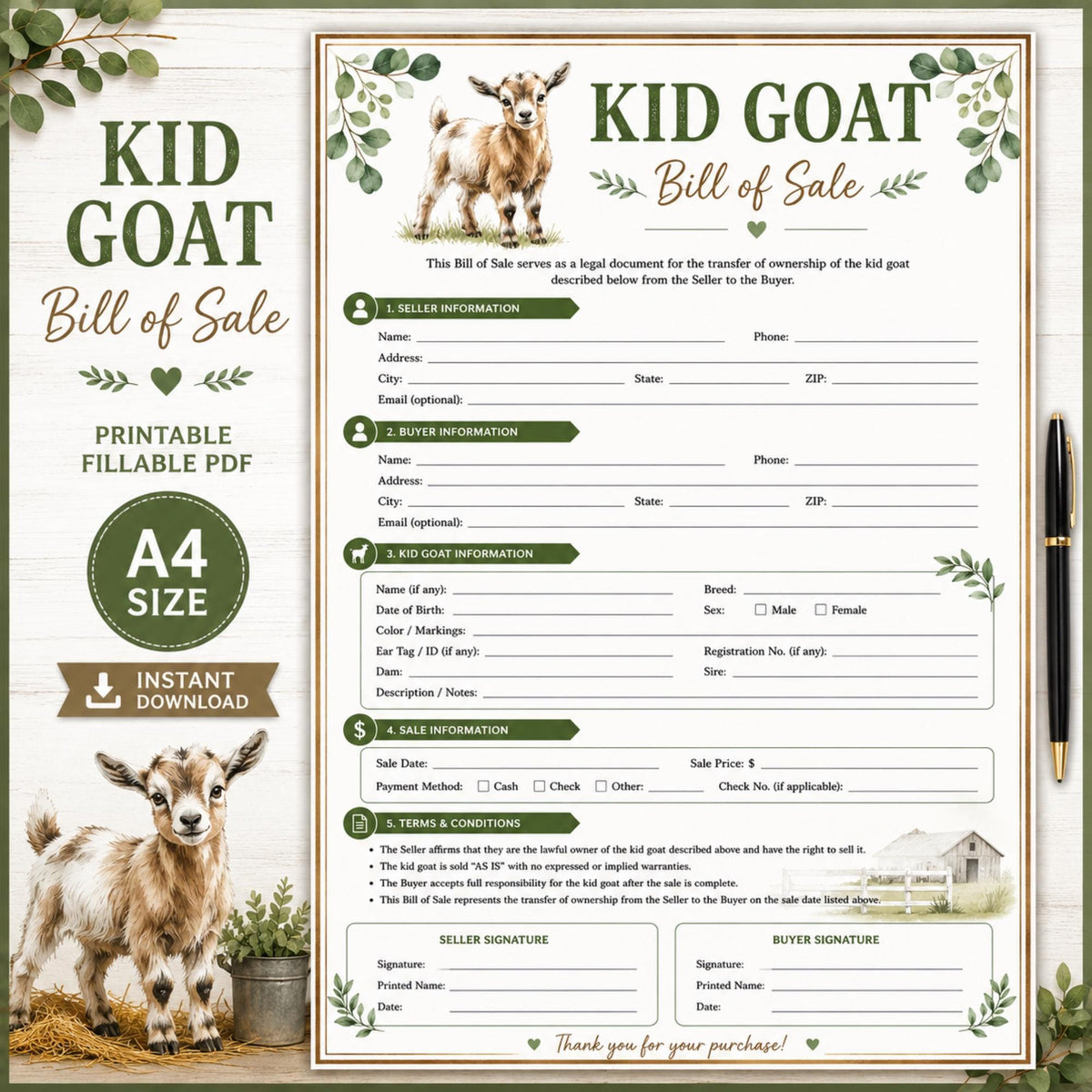 Kid Goat Bill of Sale Form Printable, Livestock Transfer Document (A4 PDF)