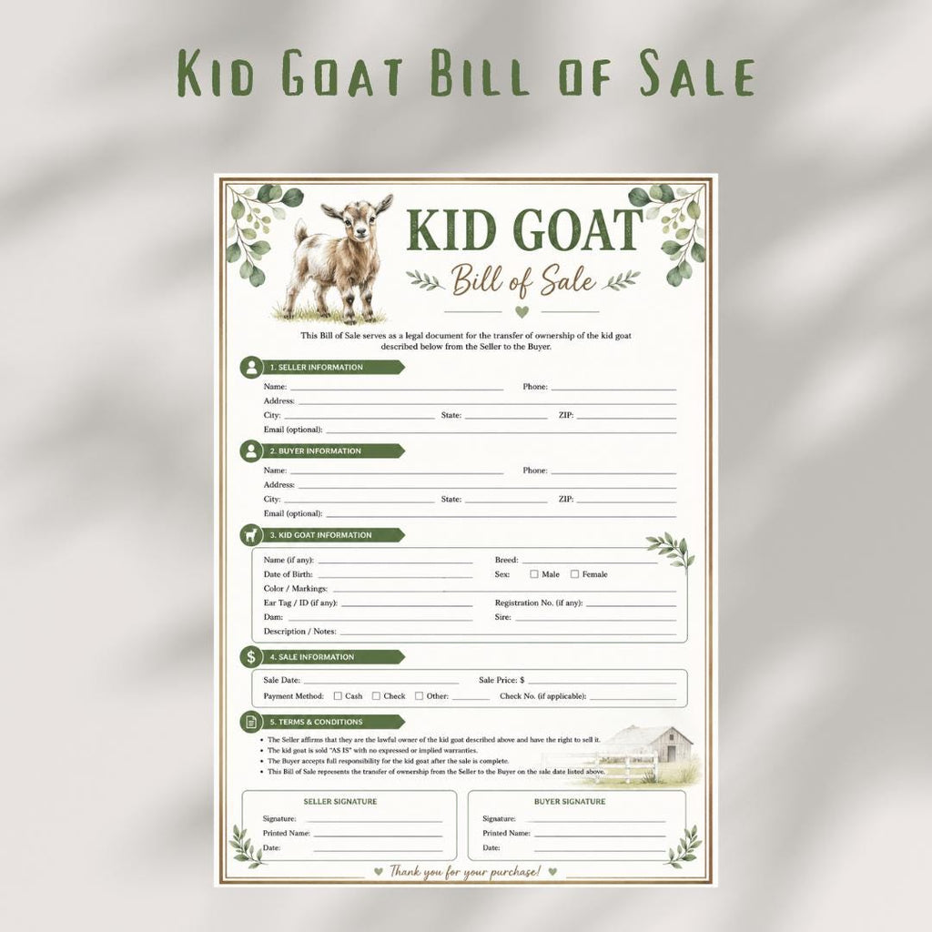 Kid Goat Bill of Sale Form Printable, Livestock Transfer Document (A4 PDF)