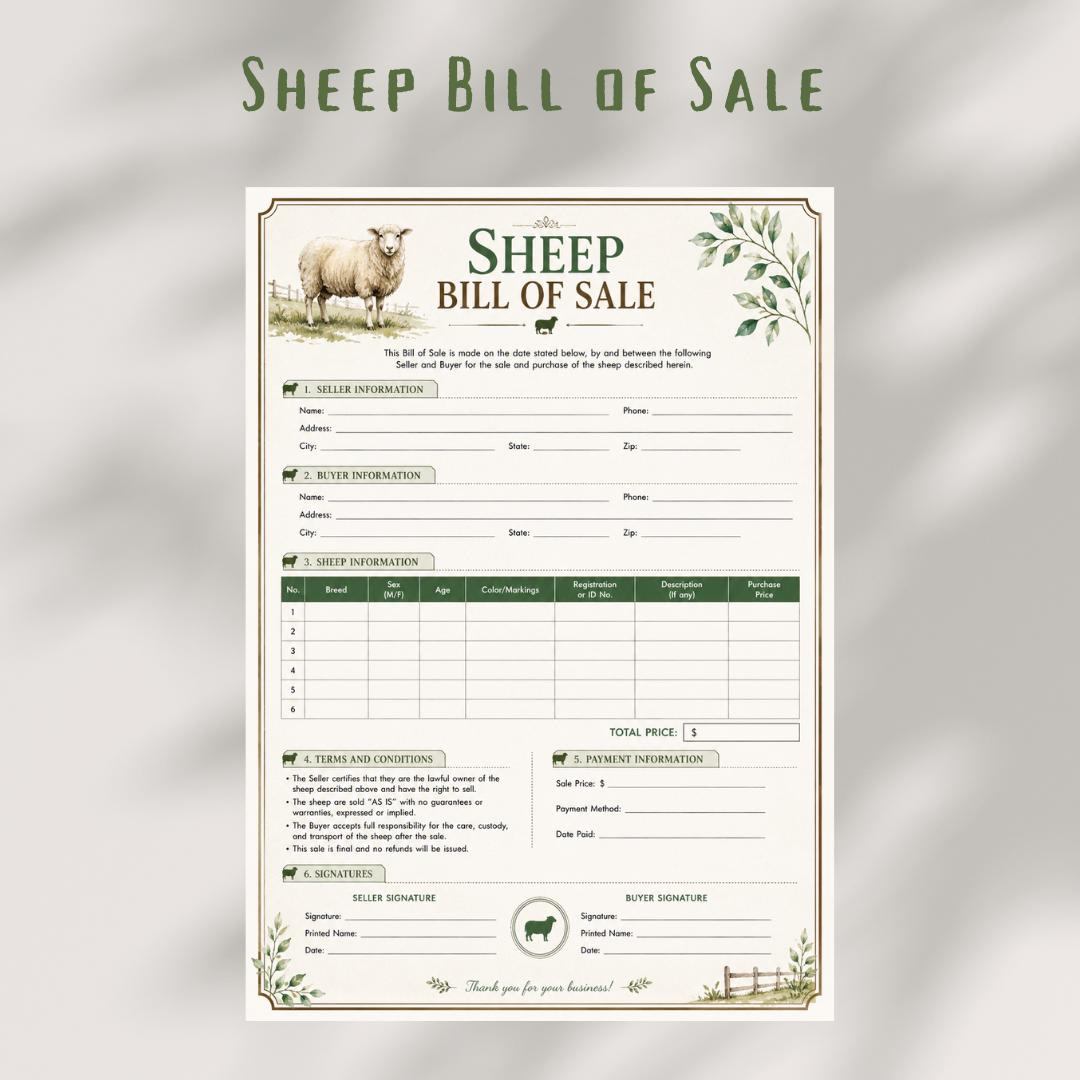 Sheep Bill of Sale Contract, Livestock Transaction Agreement (A4 Printable PDF)