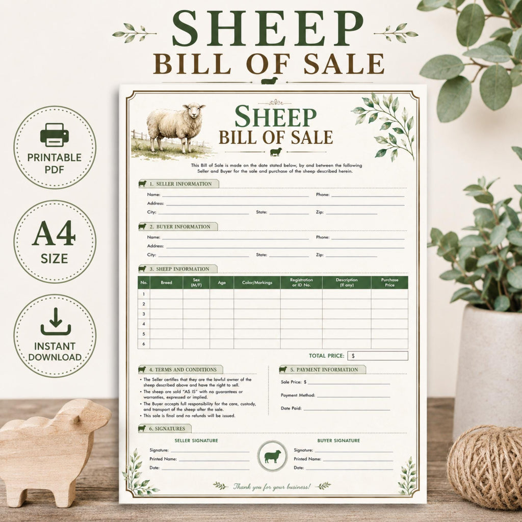Sheep Bill of Sale Contract, Livestock Transaction Agreement (A4 Printable PDF)