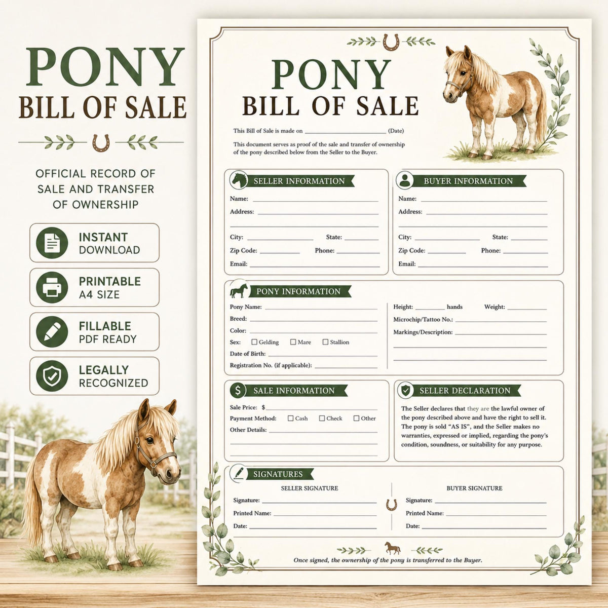 Pony Bill of Sale Contract, Farmhouse Equestrian Style (Digital Form)