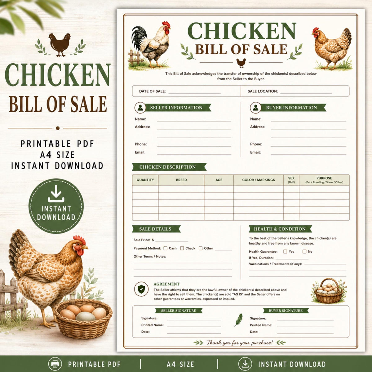Chicken Bill of Sale, Poultry Contract Printable (A4 PDF)