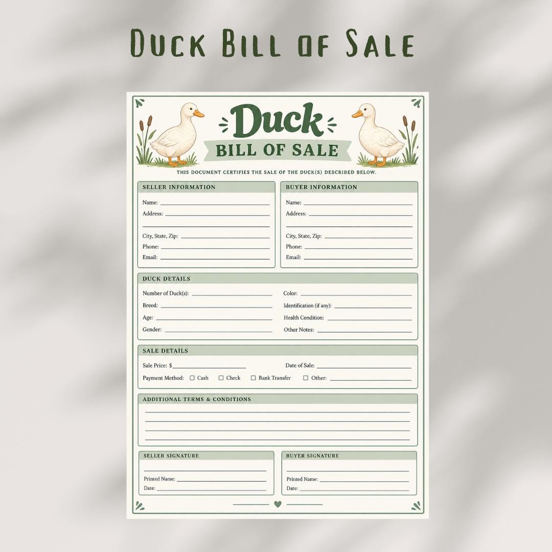 Duck Bill of Sales, Poultry Transfer Agreement (PDF)