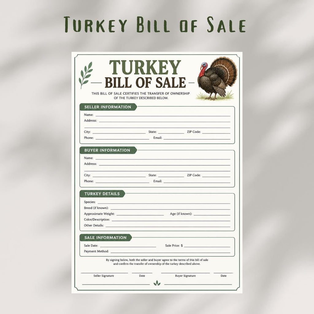 Turkey Bill of Sales, Poultry Document (Instant Download)