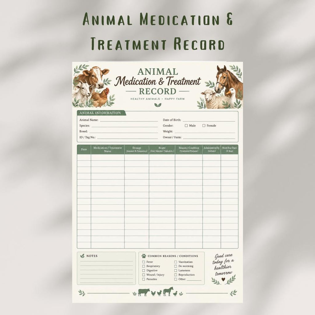 Farm Animal Medication Record | Livestock Health Log (A4 Printable)