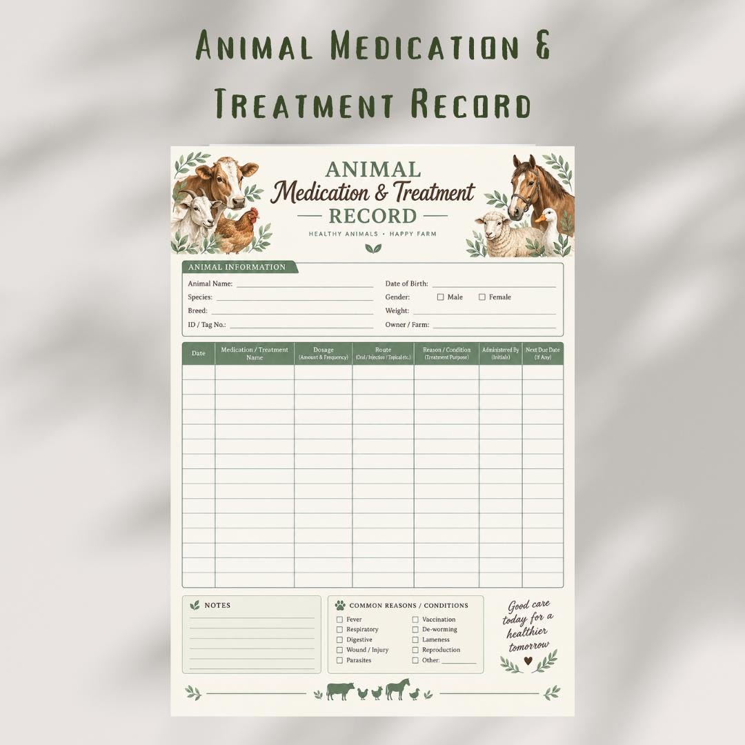 Farm Animal Medication Record | Livestock Health Log (A4 Printable)