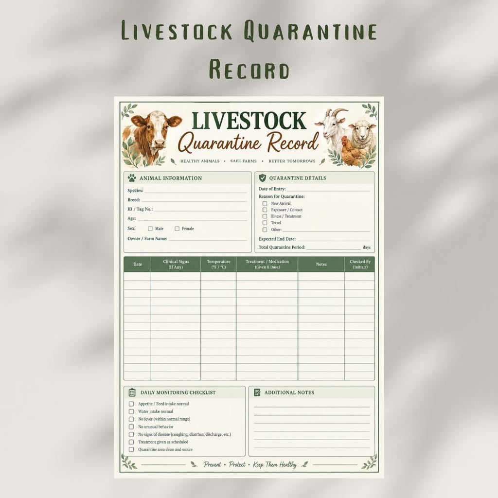 Livestock Quarantine Record Printable, Animal Health Monitoring Log, Farm Biosecurity PDF