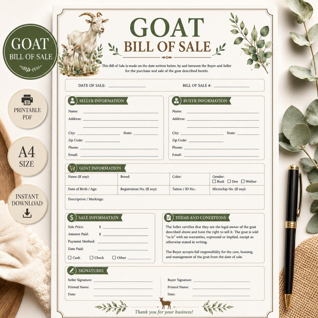 Goat Bill of Sale Form | Livestock Contract (A4 PDF)