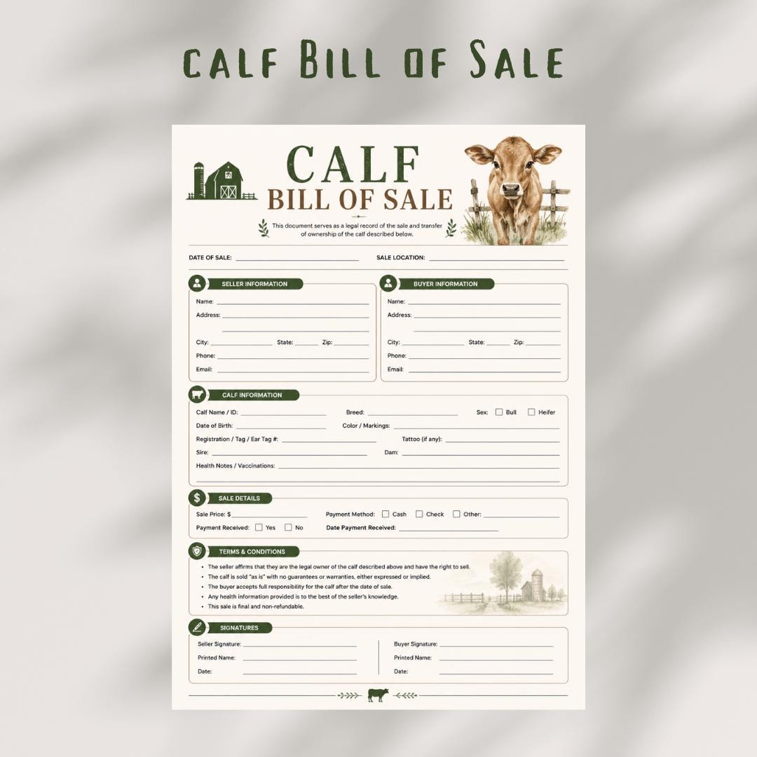 Calf Bill of Sales Printable, Livestock Transfer Form (PDF)
