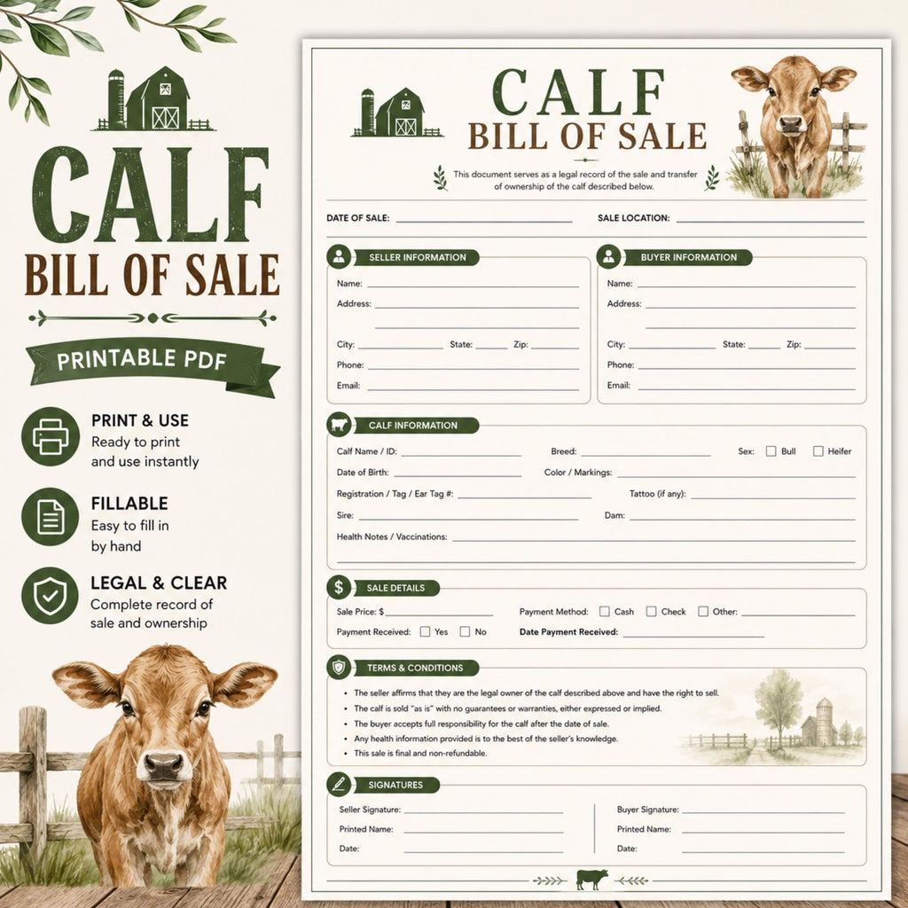 Calf Bill of Sales Printable, Livestock Transfer Form (PDF)