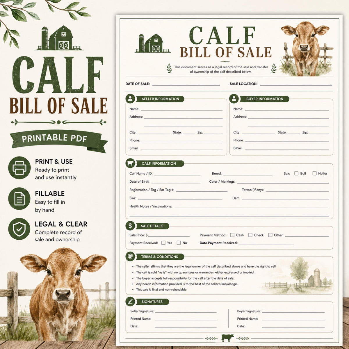 Calf Bill of Sales Printable, Livestock Transfer Form (PDF)