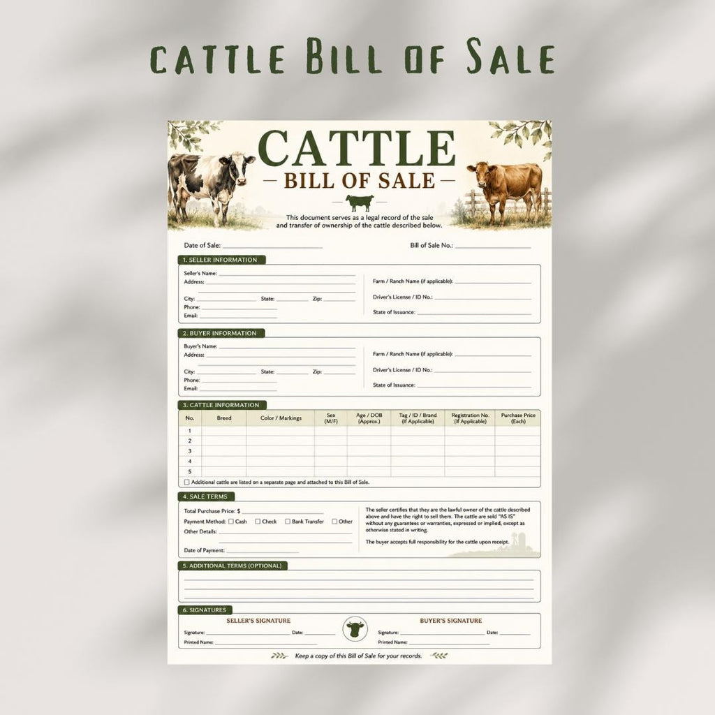 Cattle Bill Of Sales, Livestock Cooperation (A4 Printable PDF)