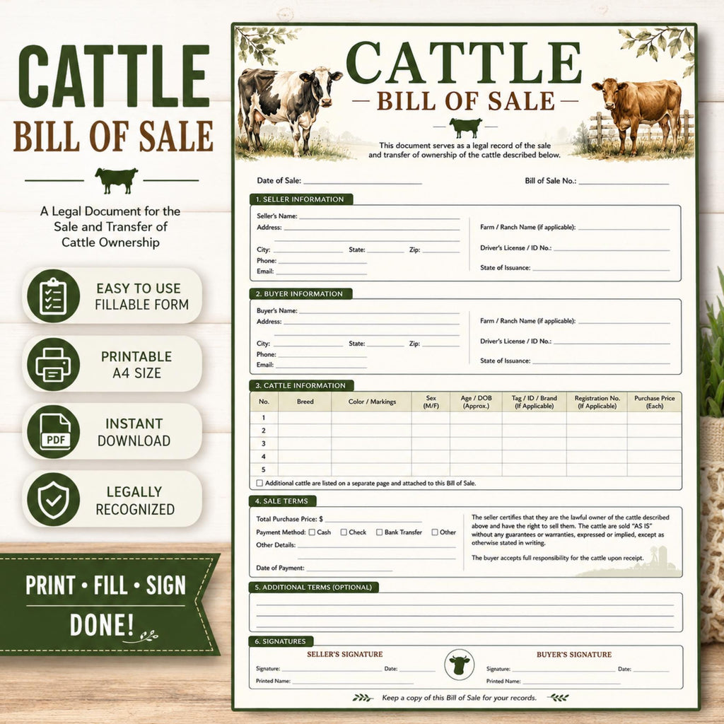 Cattle Bill Of Sales, Livestock Cooperation (A4 Printable PDF)
