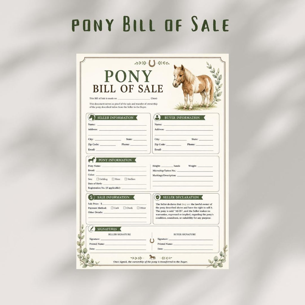 Pony Bill of Sale Contract, Farmhouse Equestrian Style (Digital Form)