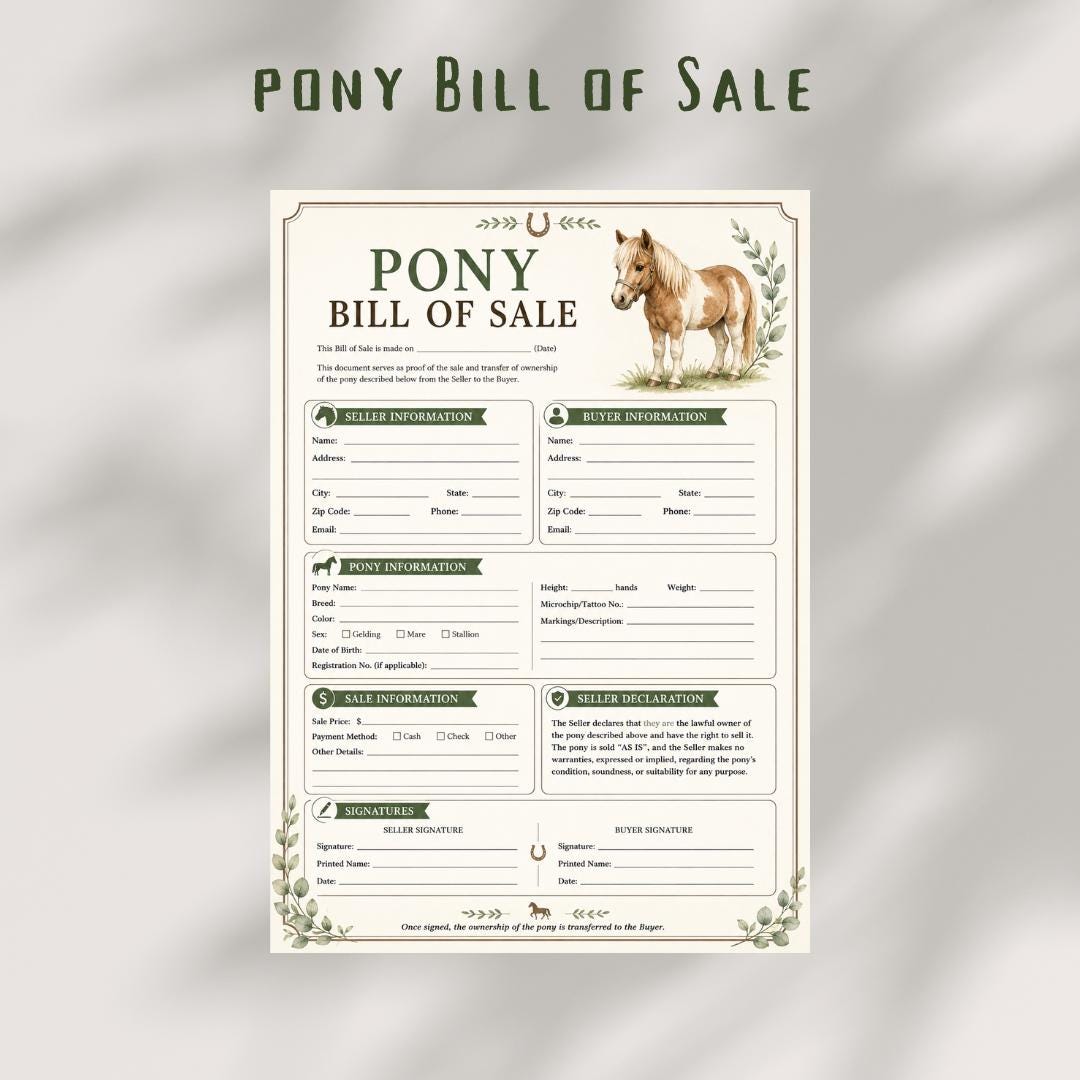 Pony Bill of Sale Contract, Farmhouse Equestrian Style (Digital Form)
