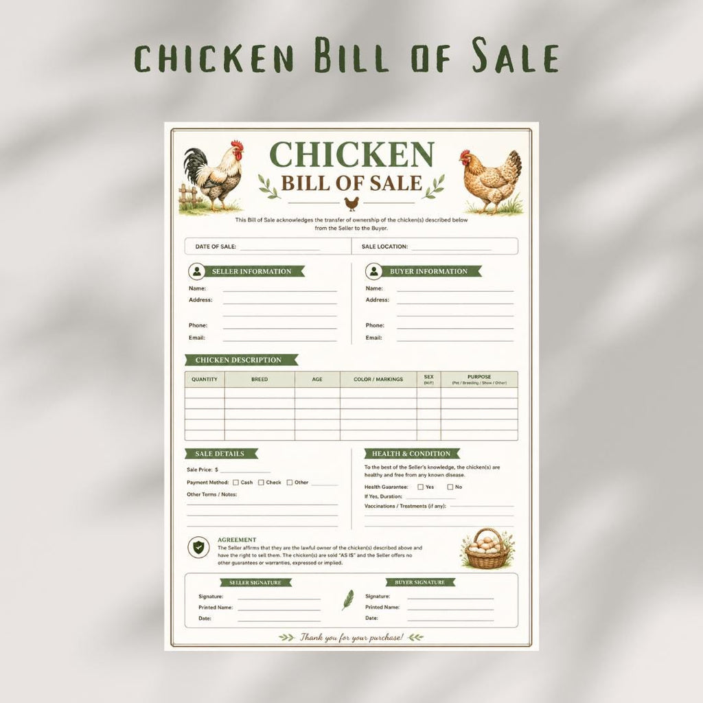 Chicken Bill of Sale, Poultry Contract Printable (A4 PDF)